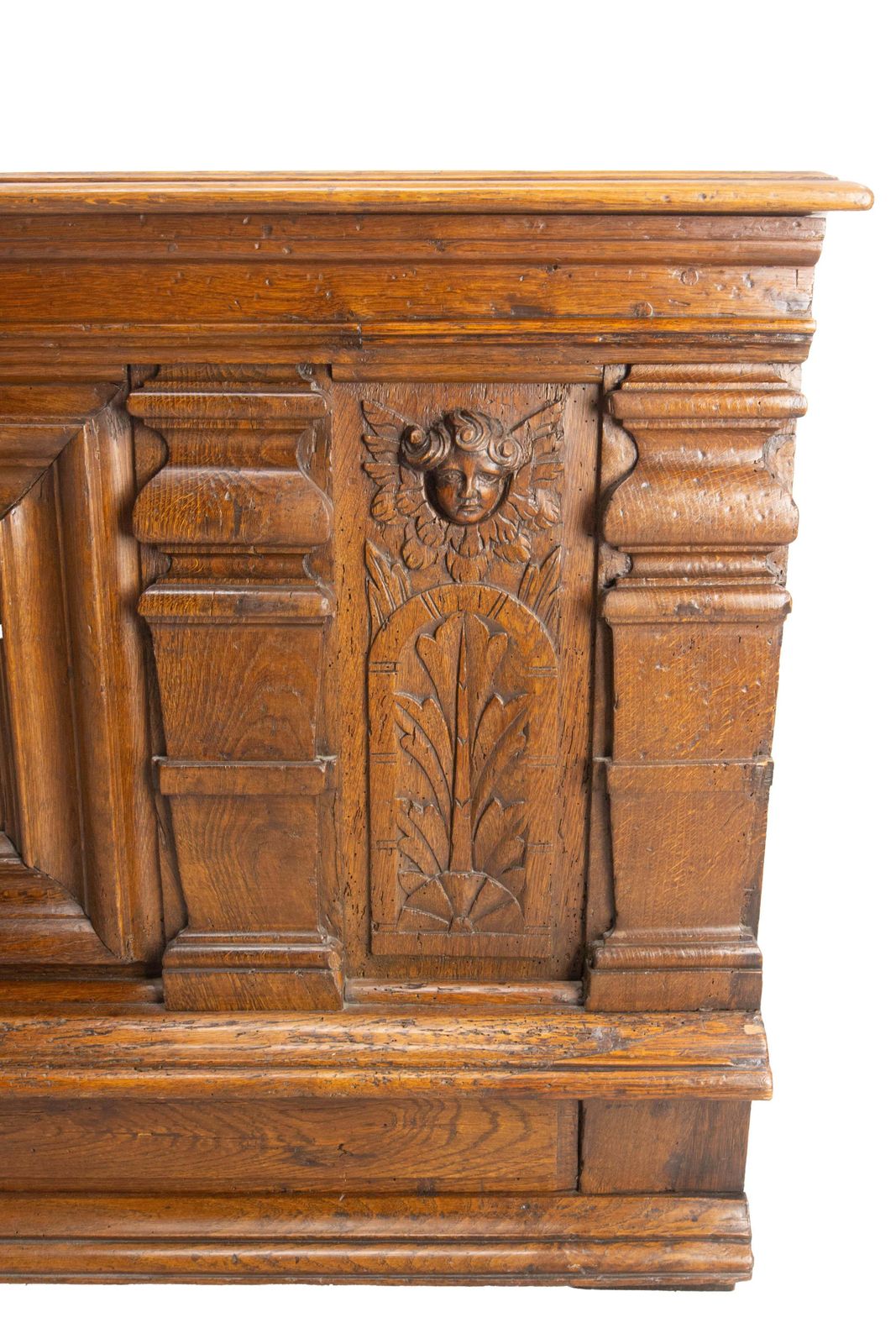 Furniture French 19th Century Carved Oak Putti Desk Louis XIII Facade Circa 17th Century photo