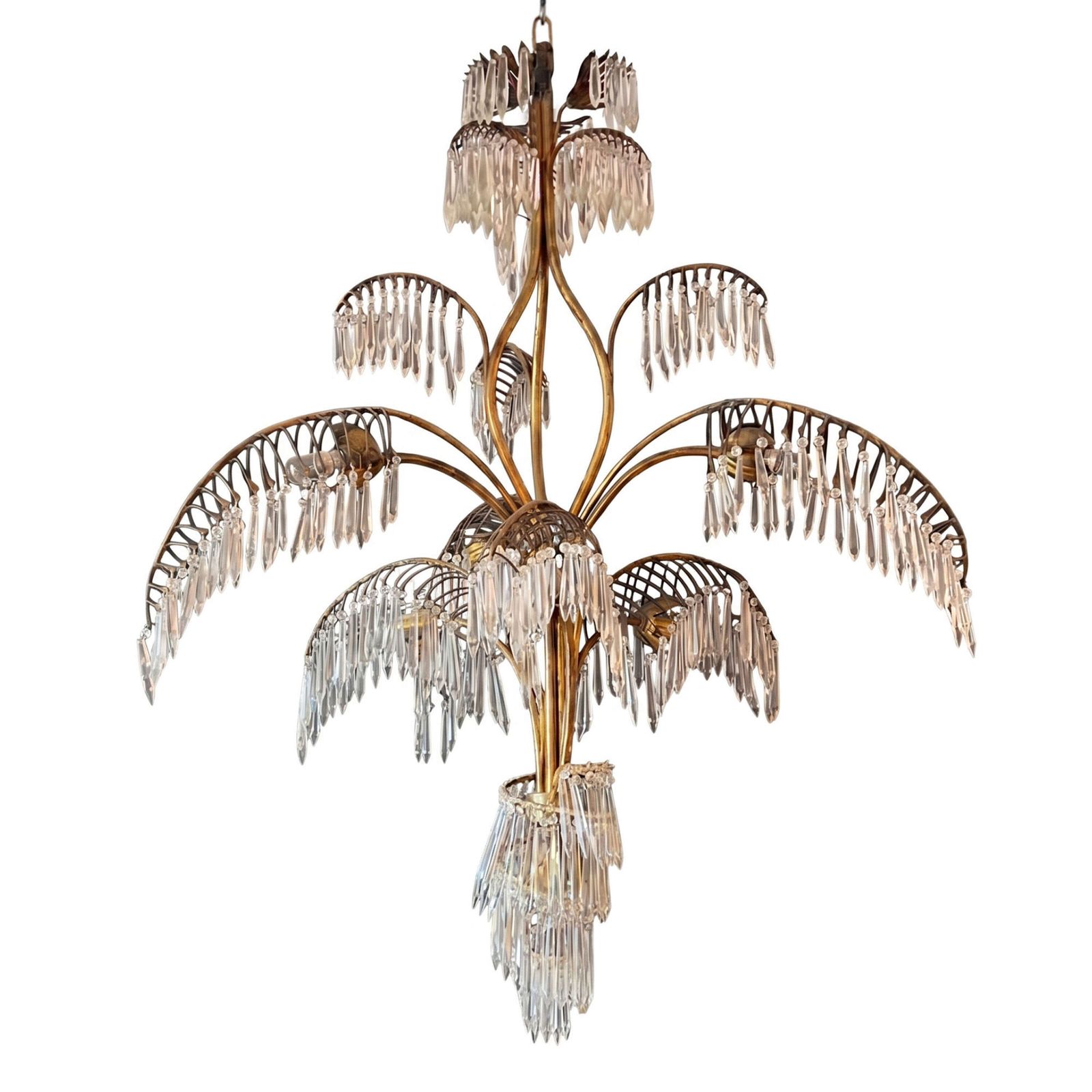 French 1950s Palm Chandelier, Brass And Glass With Seven Lights photo for sale