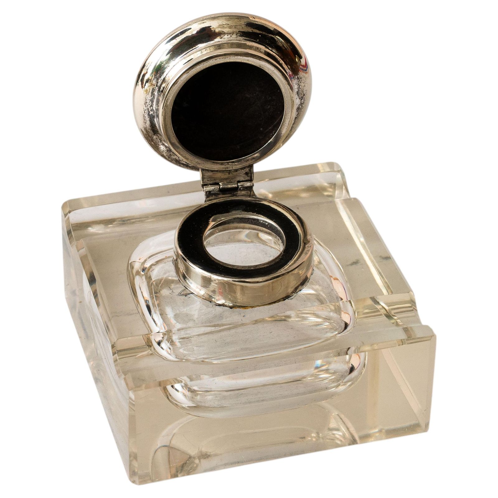 Art Deco Inkwell With Cut Glass And Brass( Nickel  Plated ) Around 1920s