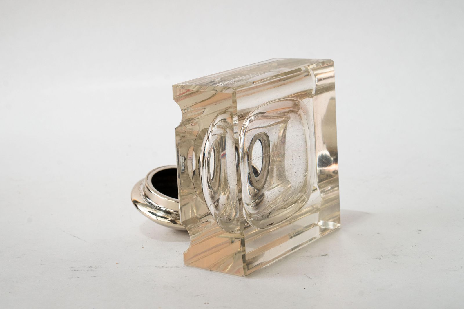 Art Deco Inkwell With Cut Glass And Brass( Nickel  Plated ) Around 1920s photo vinterior