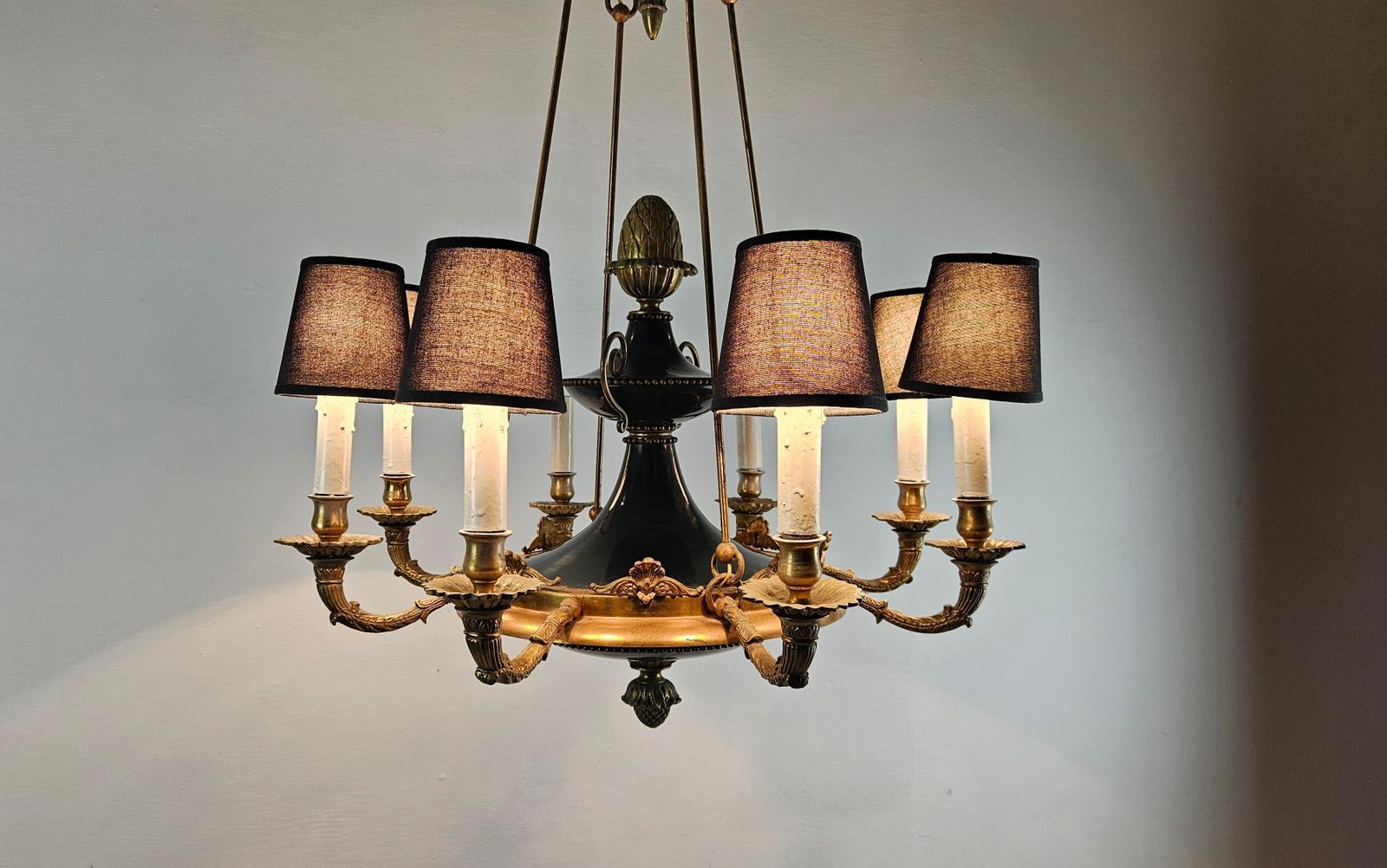 photo for sale Large Italian Empire Style Chandelier With Tôle And Gilt Bronze Details, 1940s