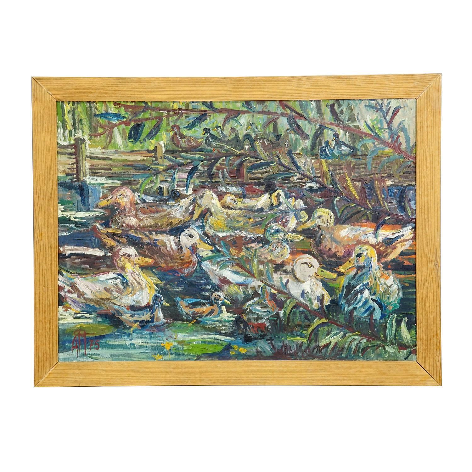Duck Pond In Taufkirchen, 1975 – Oil Painting By Alexander Michael photo furniture