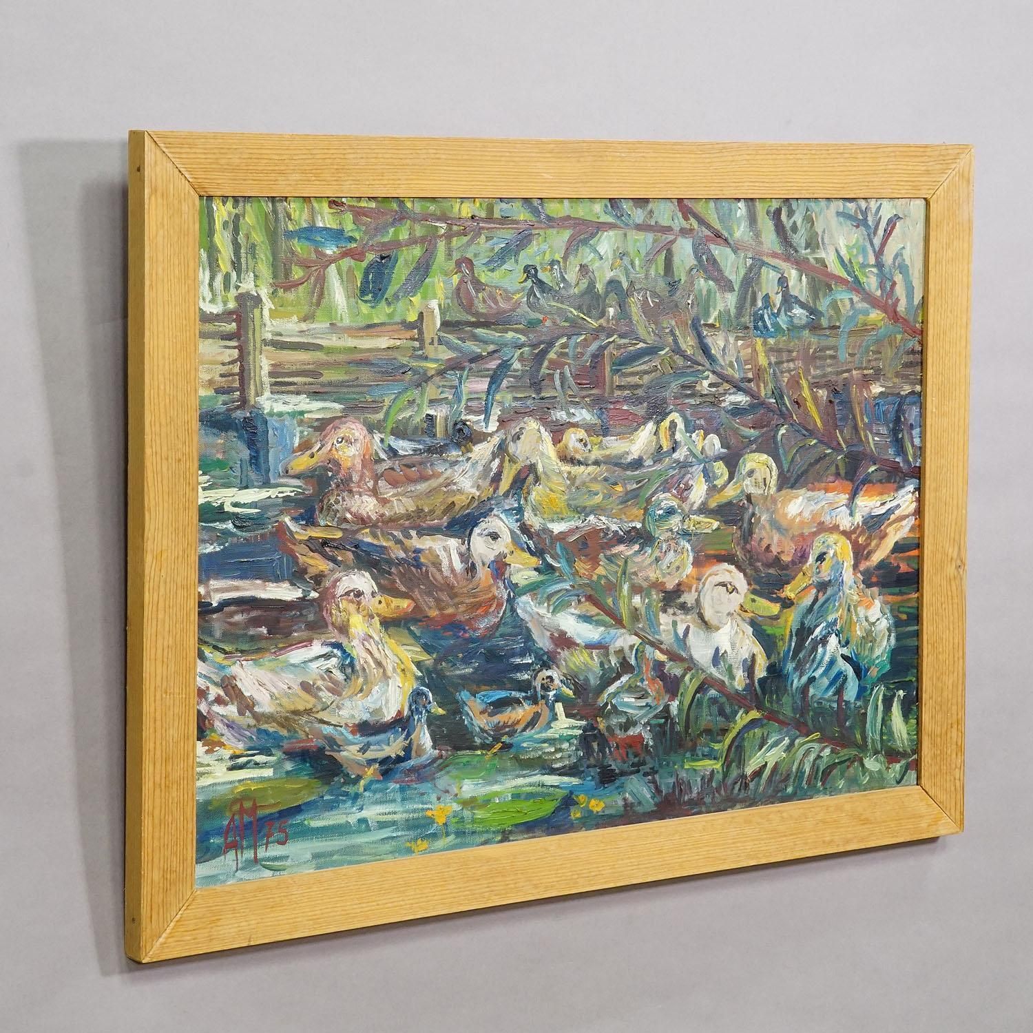 Eendenvijver in Taufkirchen, 1975 – Olieverfschilderij van Alexander Michael photo for sale