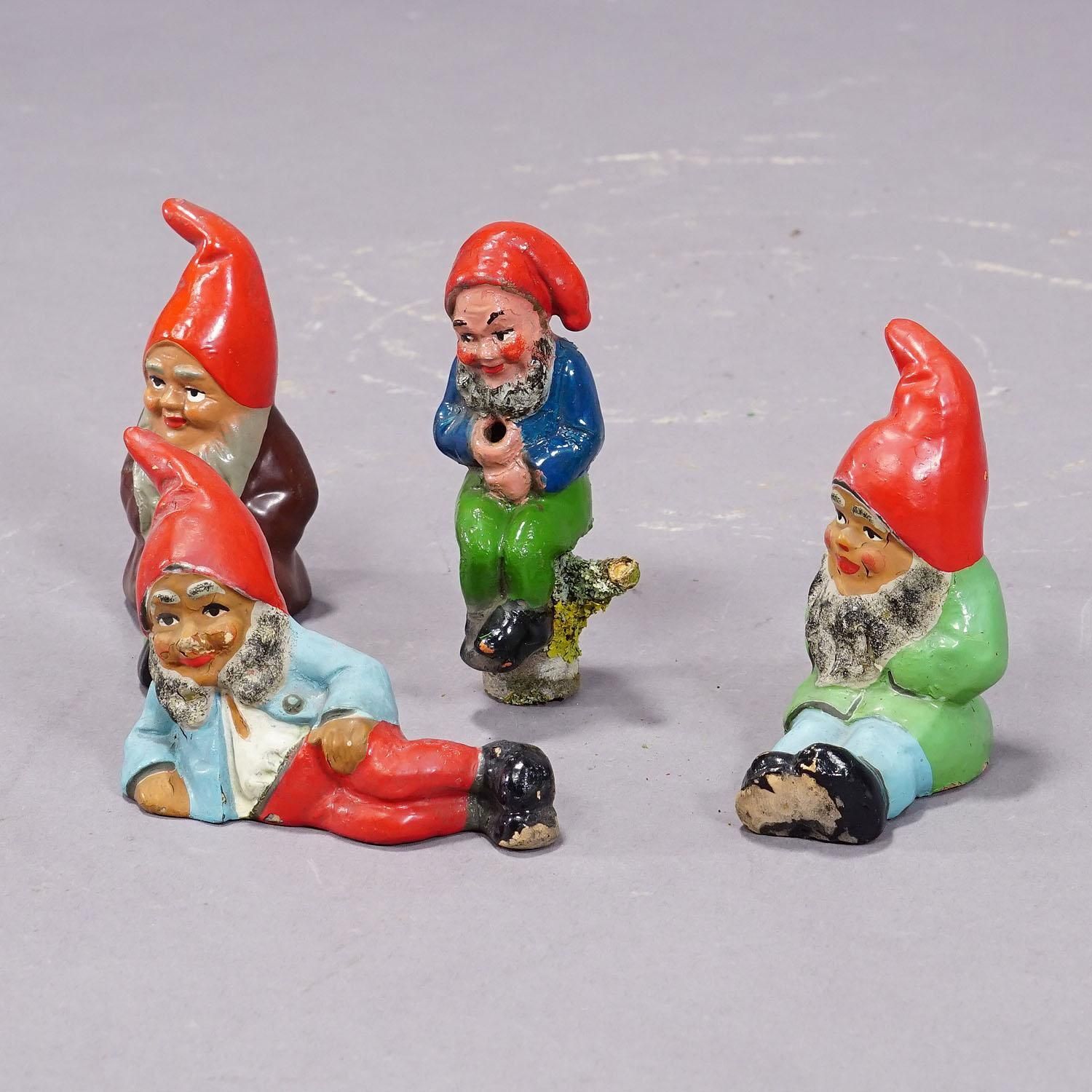 Lot Of Four Tiny Terracotta Garden Gnomes, Germany Ca. 1950s photo for sale