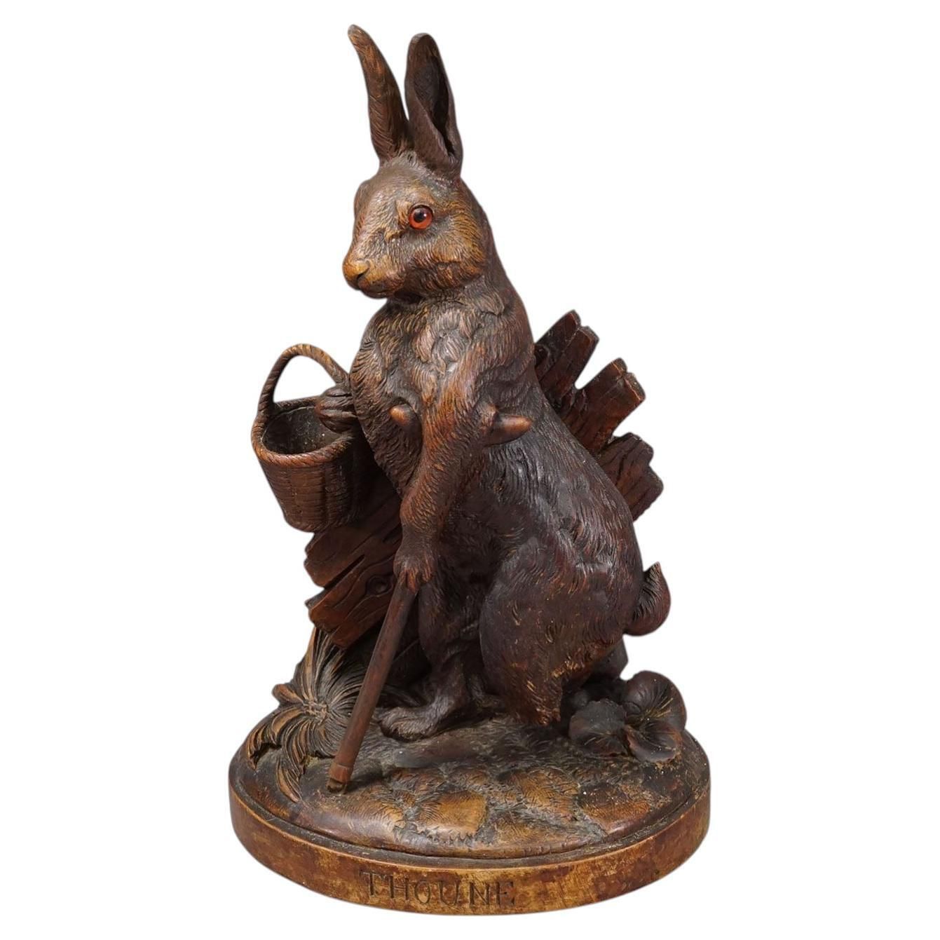 Antique Black Forest Carved Rabbit Figure With Basket, Circa 1900