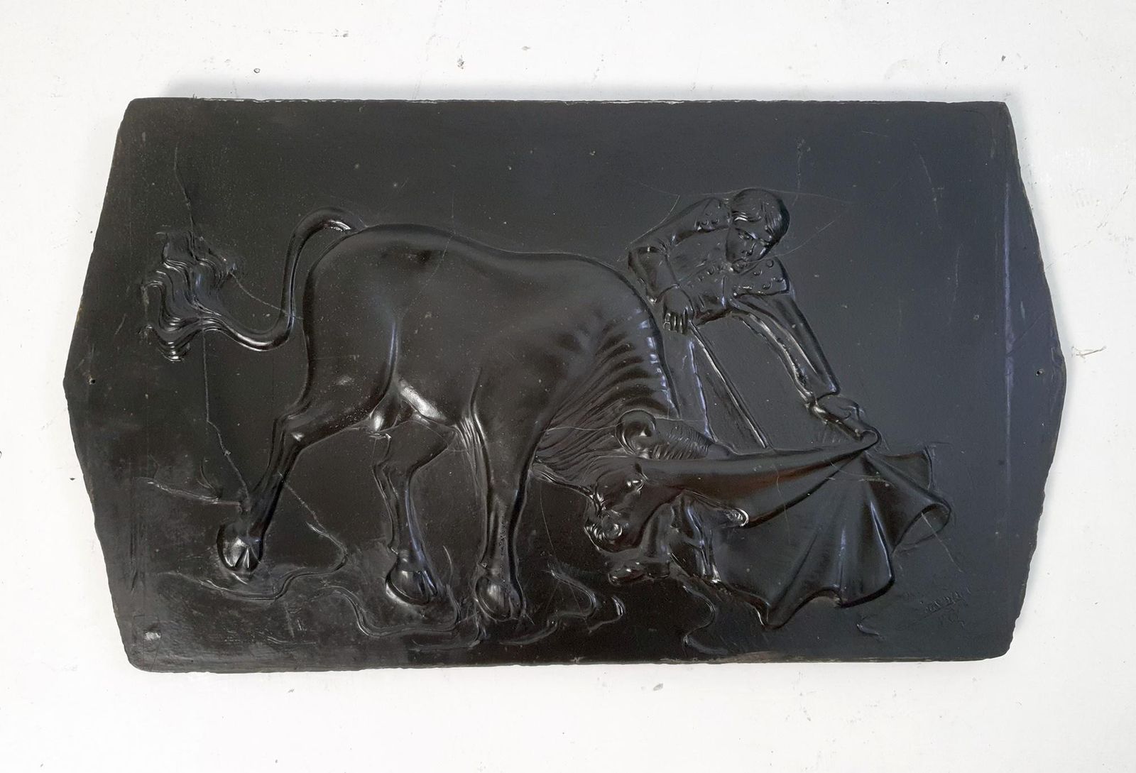 Wall Plaque Of Bullfighter And Bull, Slate, Mid Century Modern, Italy photo for sale