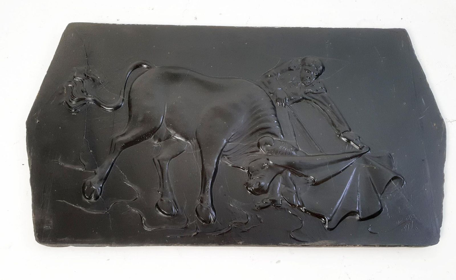 photo furniture Wall Plaque Of Bullfighter And Bull, Slate, Mid Century Modern, Italy