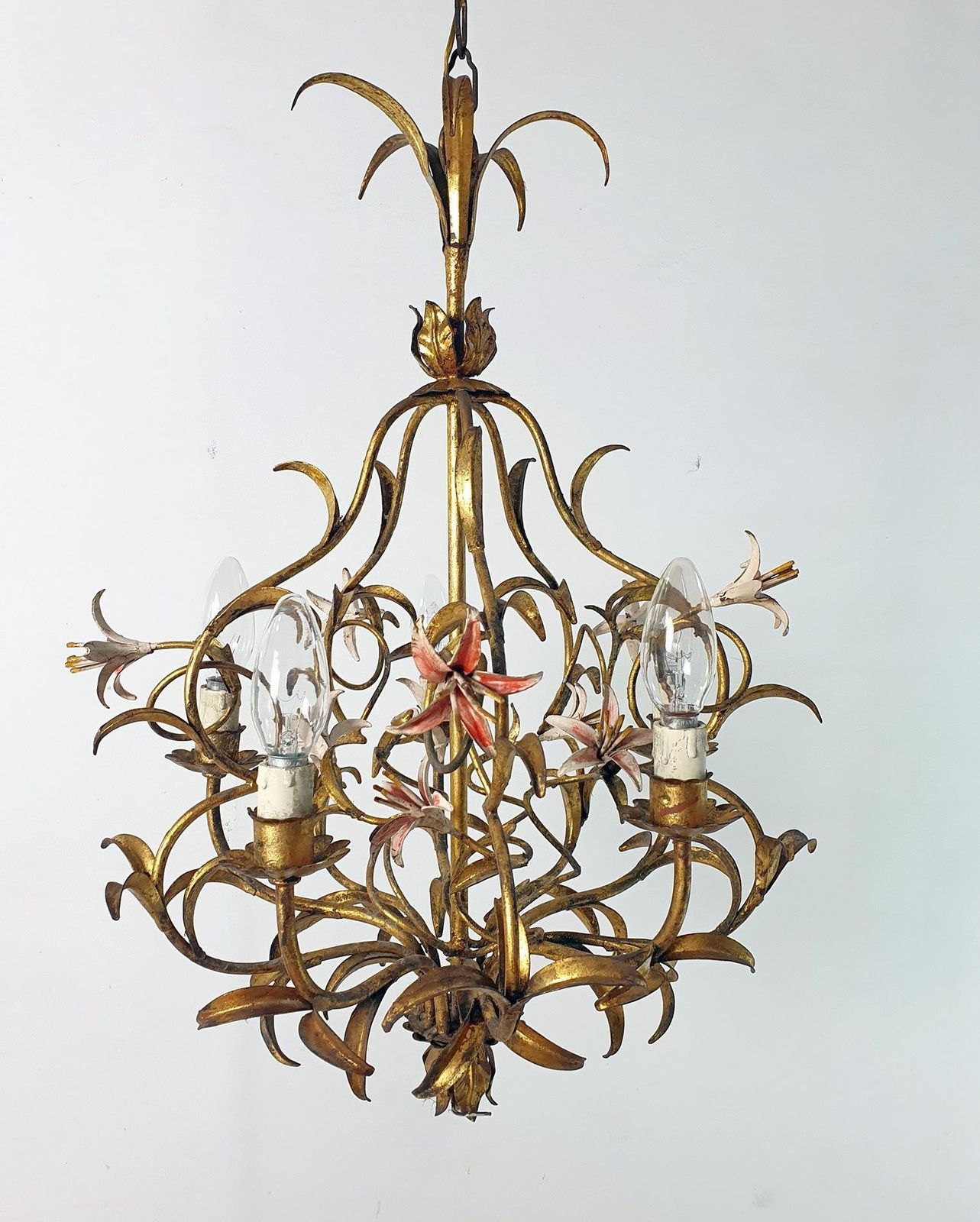 Mid Century Italian Tole Chandelier, Iron With Floral Design, 1950s photo 1990.0