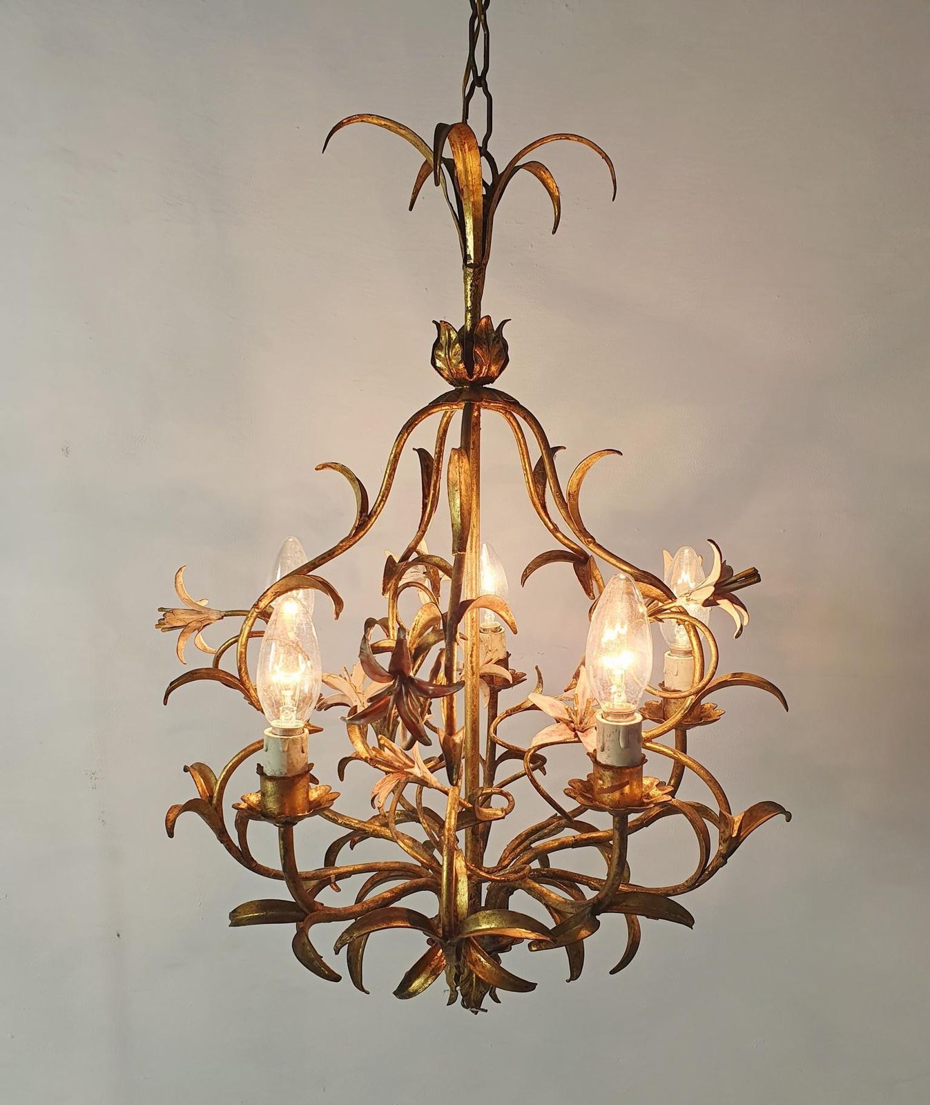 photo furniture Mid Century Italian Tole Chandelier, Iron With Floral Design, 1950s