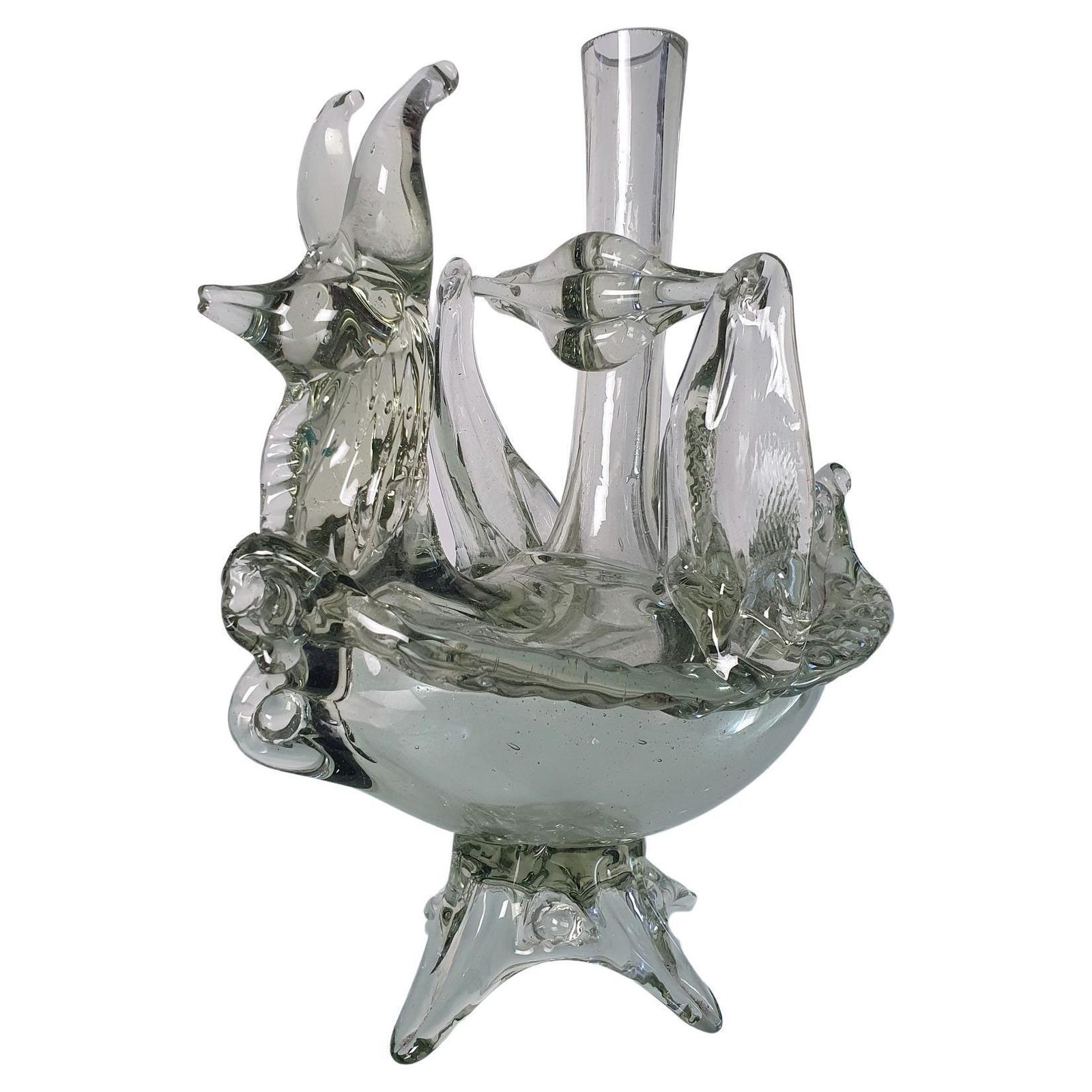 Murano Glass Vase And Candle Holder, Mystical Fox Design, Italy, 1940s