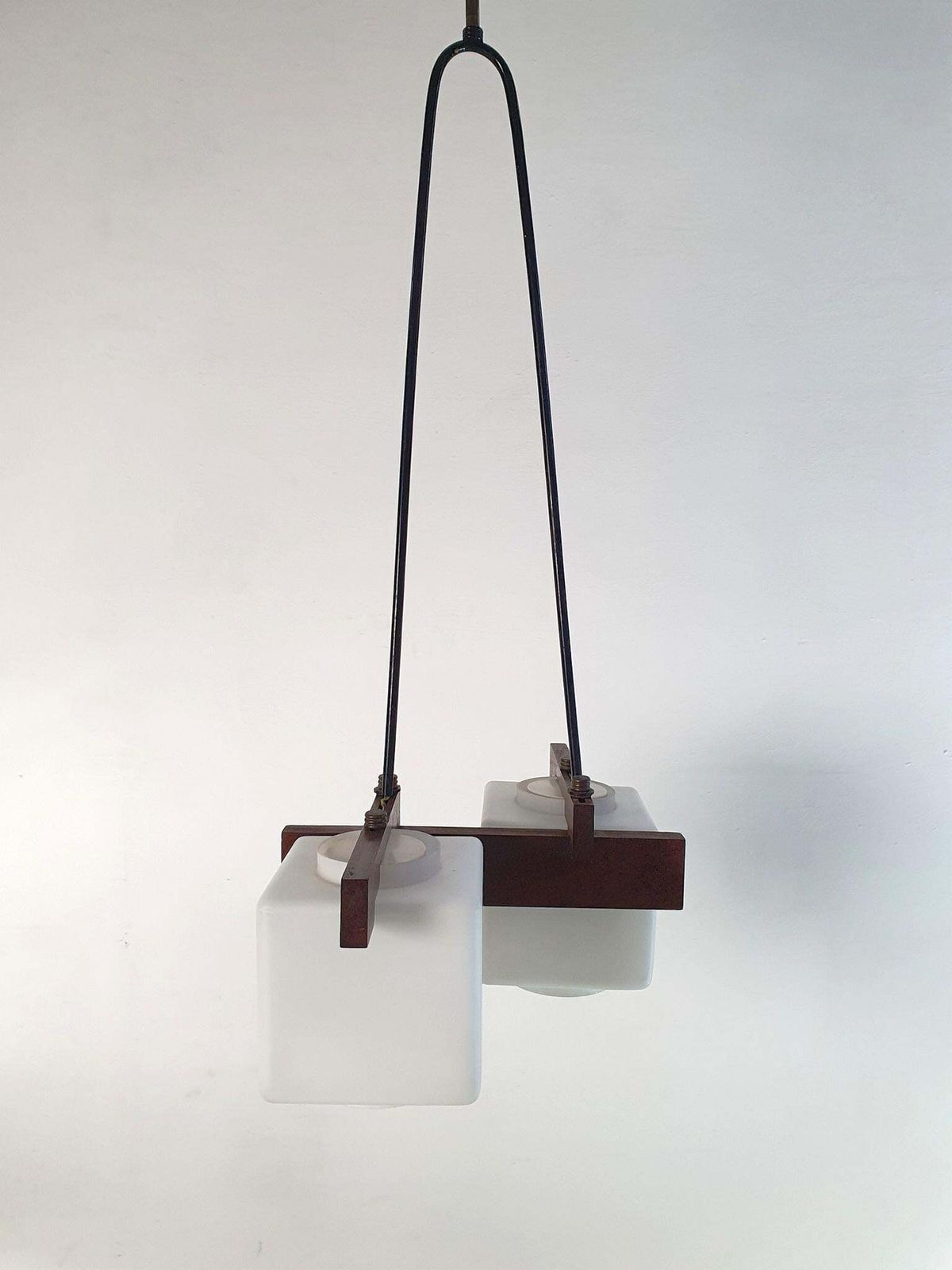 1960s Midcentury Italian Pendant Light With Teak & Opaline Glass photo Lighting