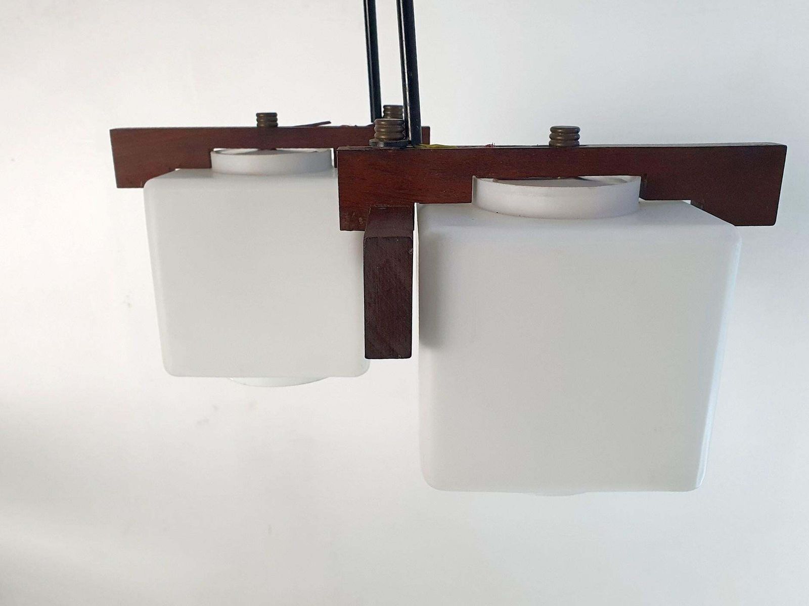 1960s Midcentury Italian Pendant Light With Teak & Opaline Glass photo vinterior
