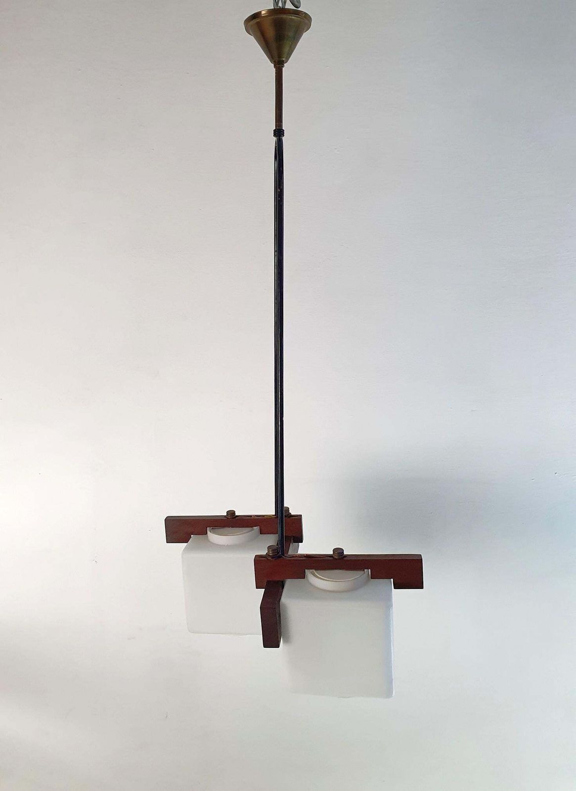1960s Midcentury Italian Pendant Light With Teak & Opaline Glass photo buy
