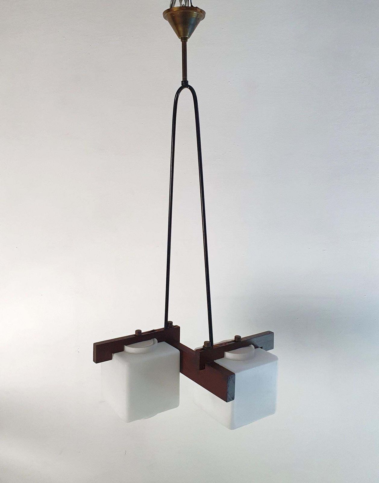photo furniture 1960s Midcentury Italian Pendant Light With Teak & Opaline Glass