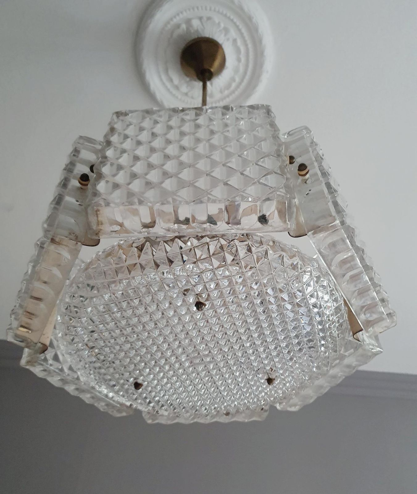 1960s Mid Century Modern Chandelier By Orrefors, Brass & Glass photo vintage