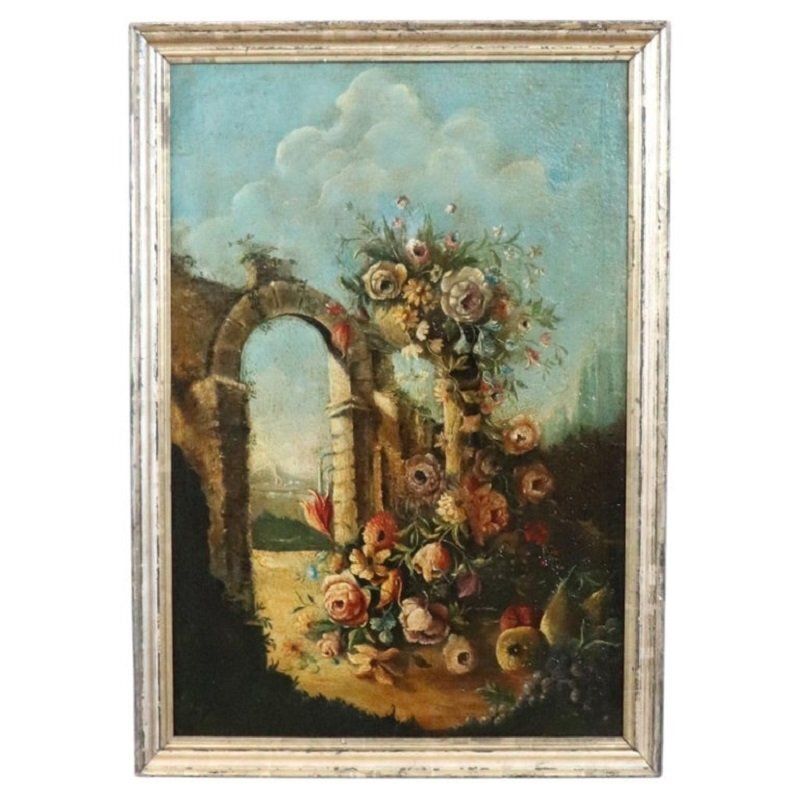 Still Life With Flowers, Fruits And Architectural Elements, 1800s, Oil Painting On Canvas, Framed
