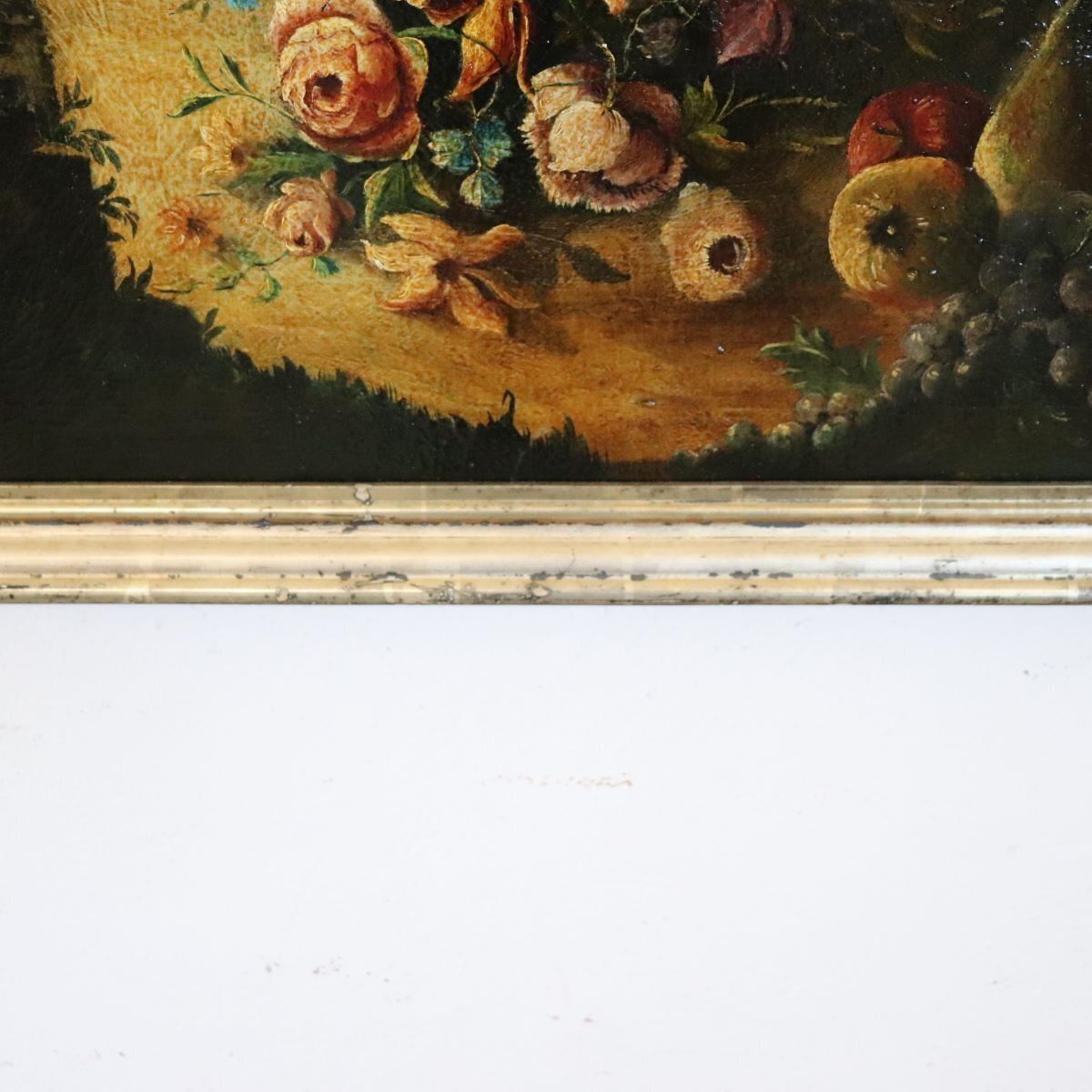 Still Life With Flowers, Fruits And Architectural Elements, 1800s, Oil Painting On Canvas, Framed photo Art