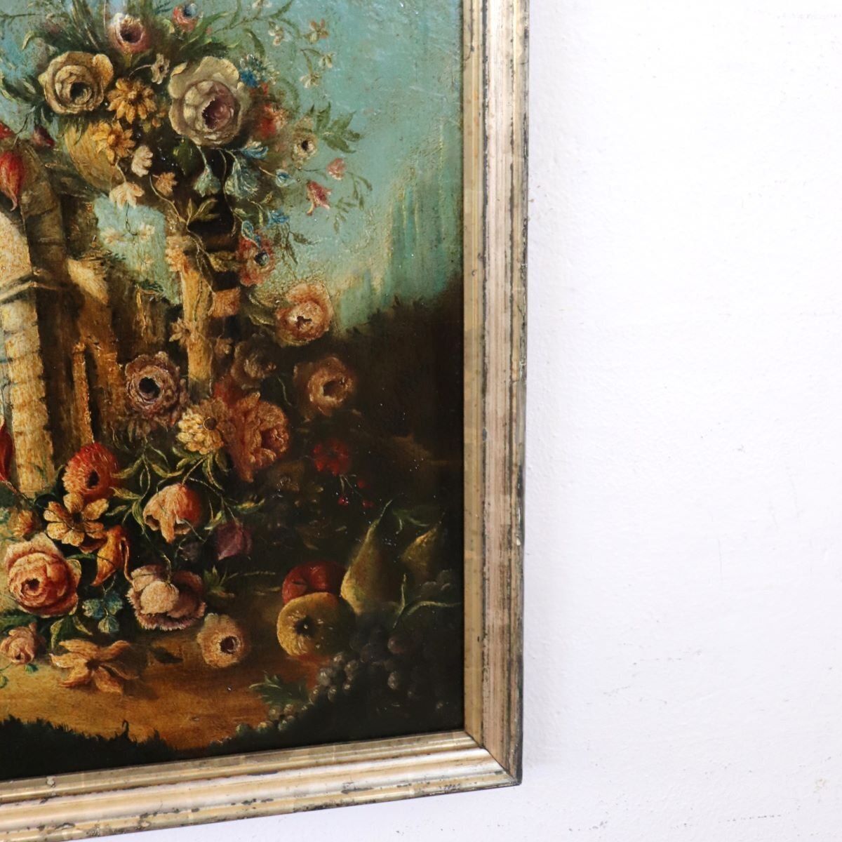 Still Life With Flowers, Fruits And Architectural Elements, 1800s, Oil Painting On Canvas, Framed photo buy