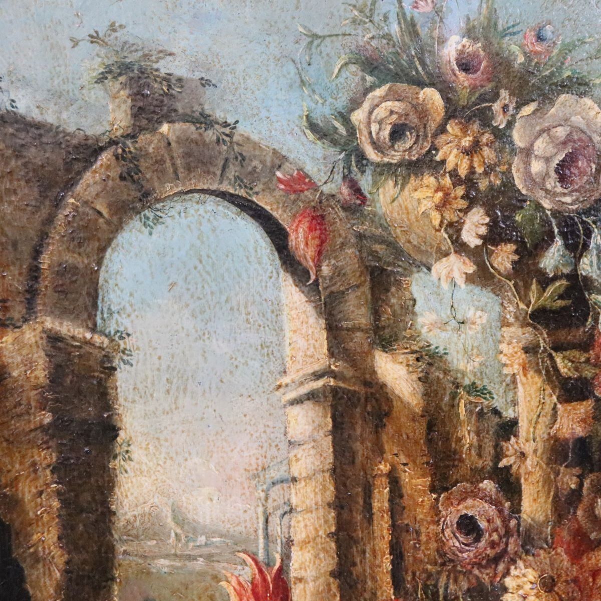 Art Still Life With Flowers, Fruits And Architectural Elements, 1800s, Oil Painting On Canvas, Framed photo