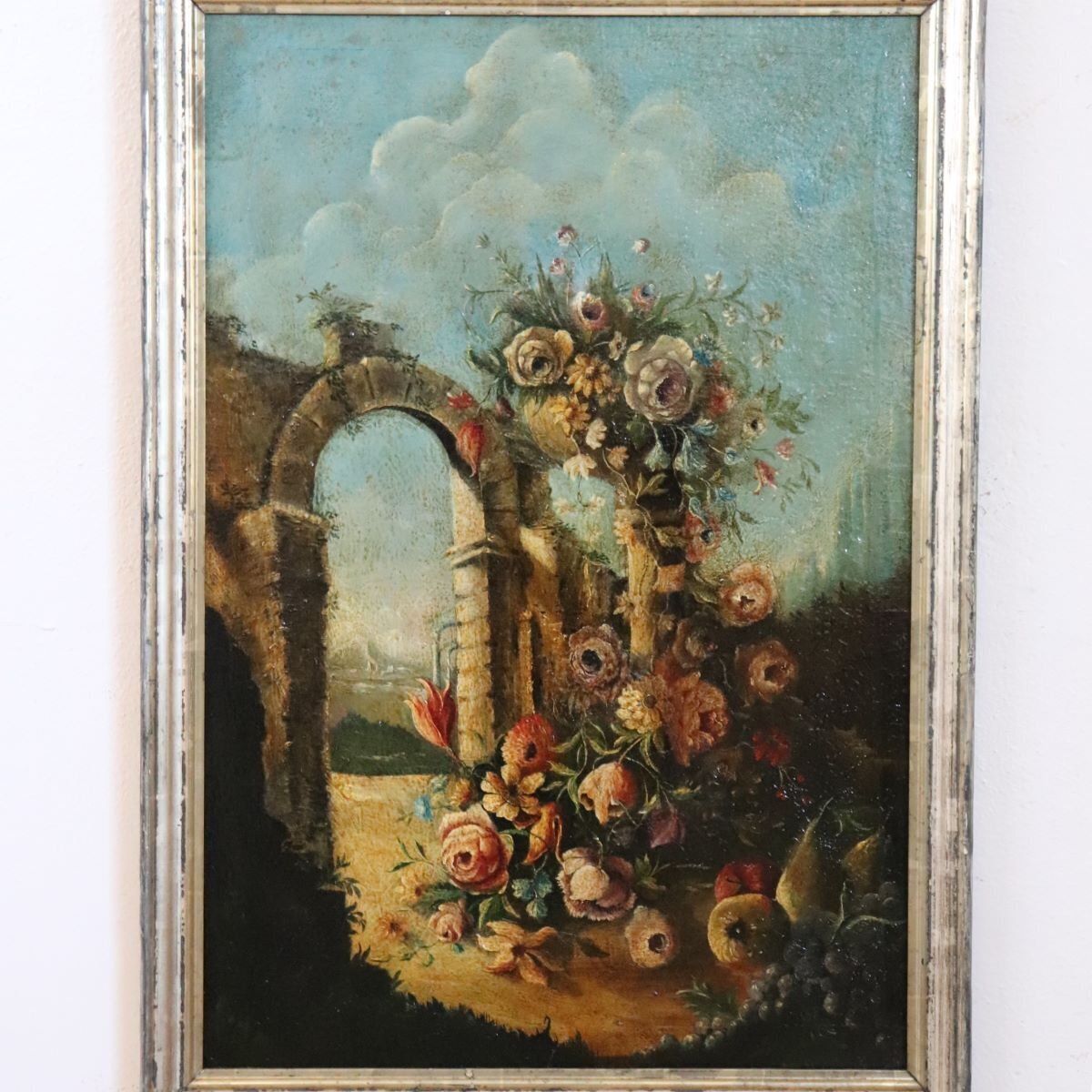 photo vinterior Still Life With Flowers, Fruits And Architectural Elements, 1800s, Oil Painting On Canvas, Framed