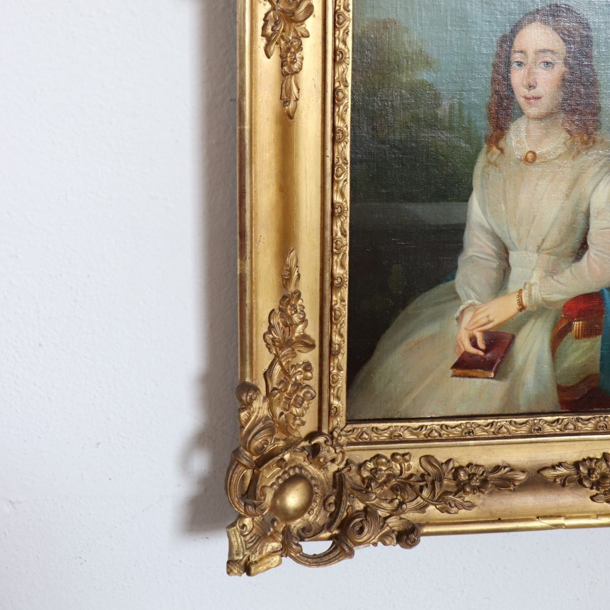 Portrait Of A Young Woman With A Book, Oil Painting On Canvas, 19th Century, Framed photo for sale