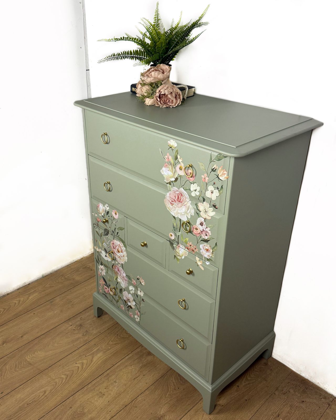 Refinished Vintage Stag Minstrel Tallboy Chest Of Drawers In Pale Green With Floral Design In Pink photo Furniture