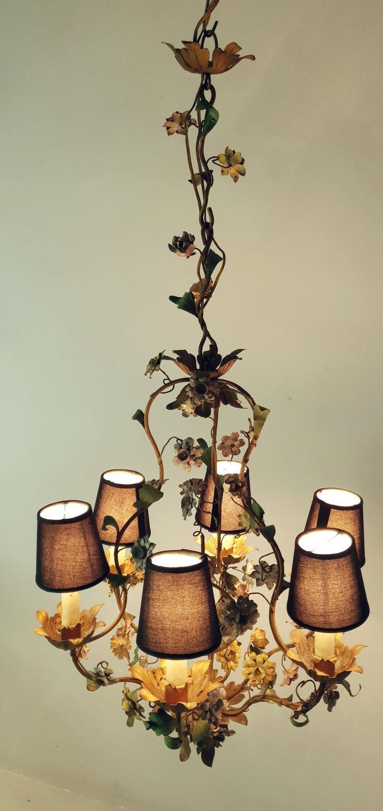 Midcentury Italian Tole Chandelier, Iron With Floral Design, 1950s photo furniture
