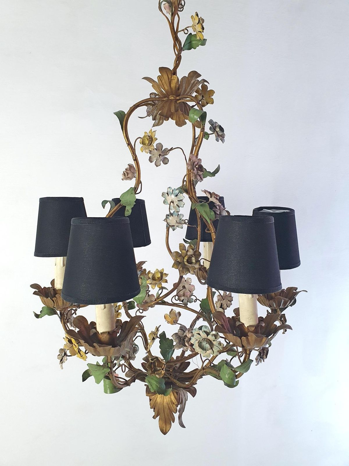 Midcentury Italian Tole Chandelier, Iron With Floral Design, 1950s photo for sale
