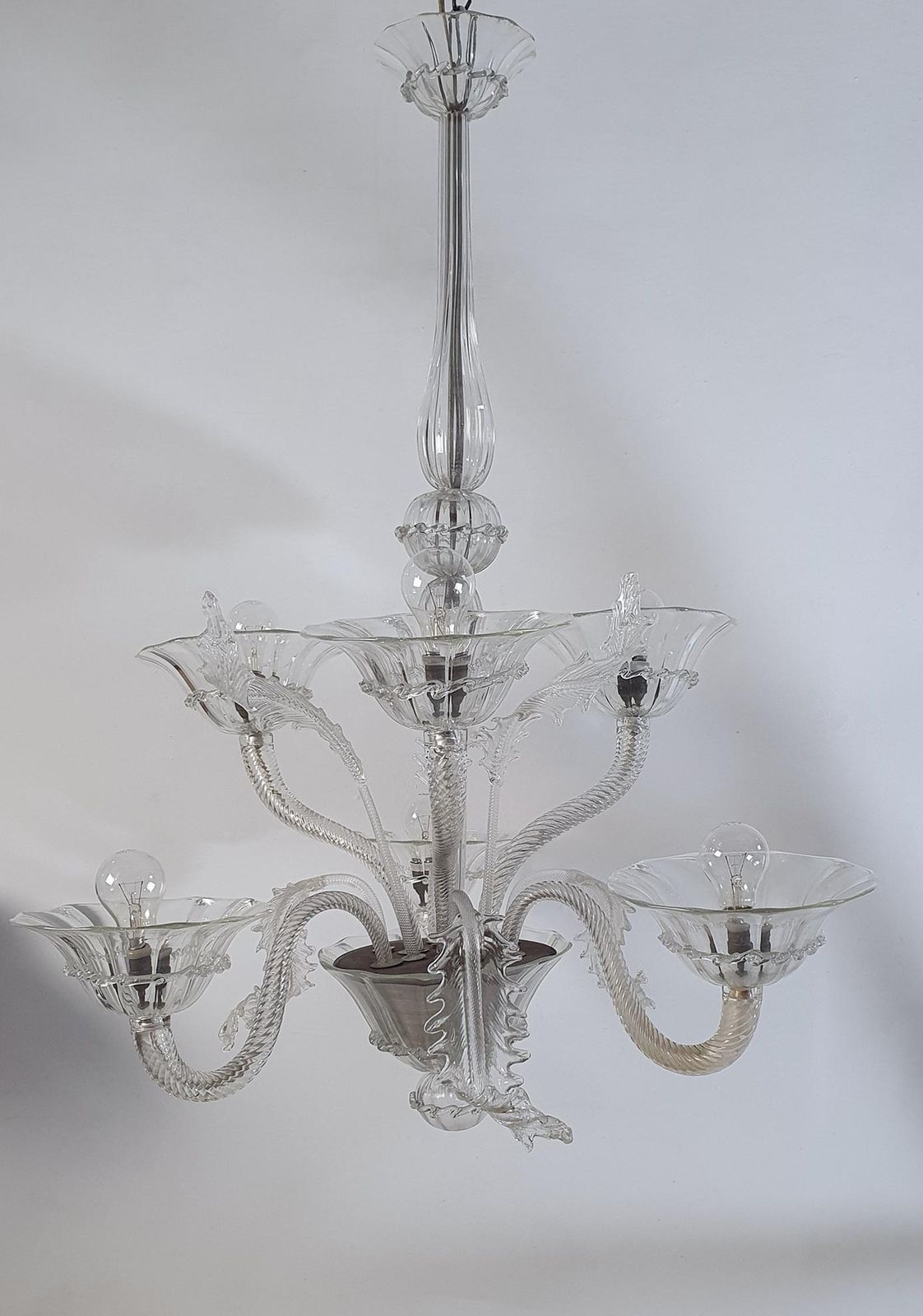 Murano Chandelier, Clear Glass, Rococo Style, Six Arms, Italy, 1950s photo for sale