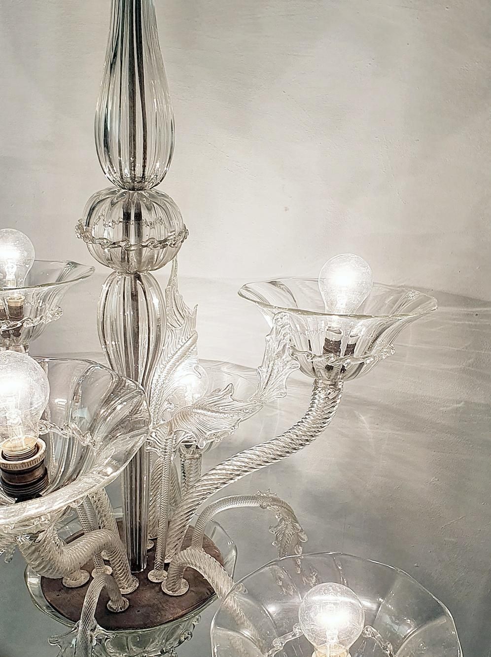 Murano Chandelier, Clear Glass, Rococo Style, Six Arms, Italy, 1950s photo vinterior