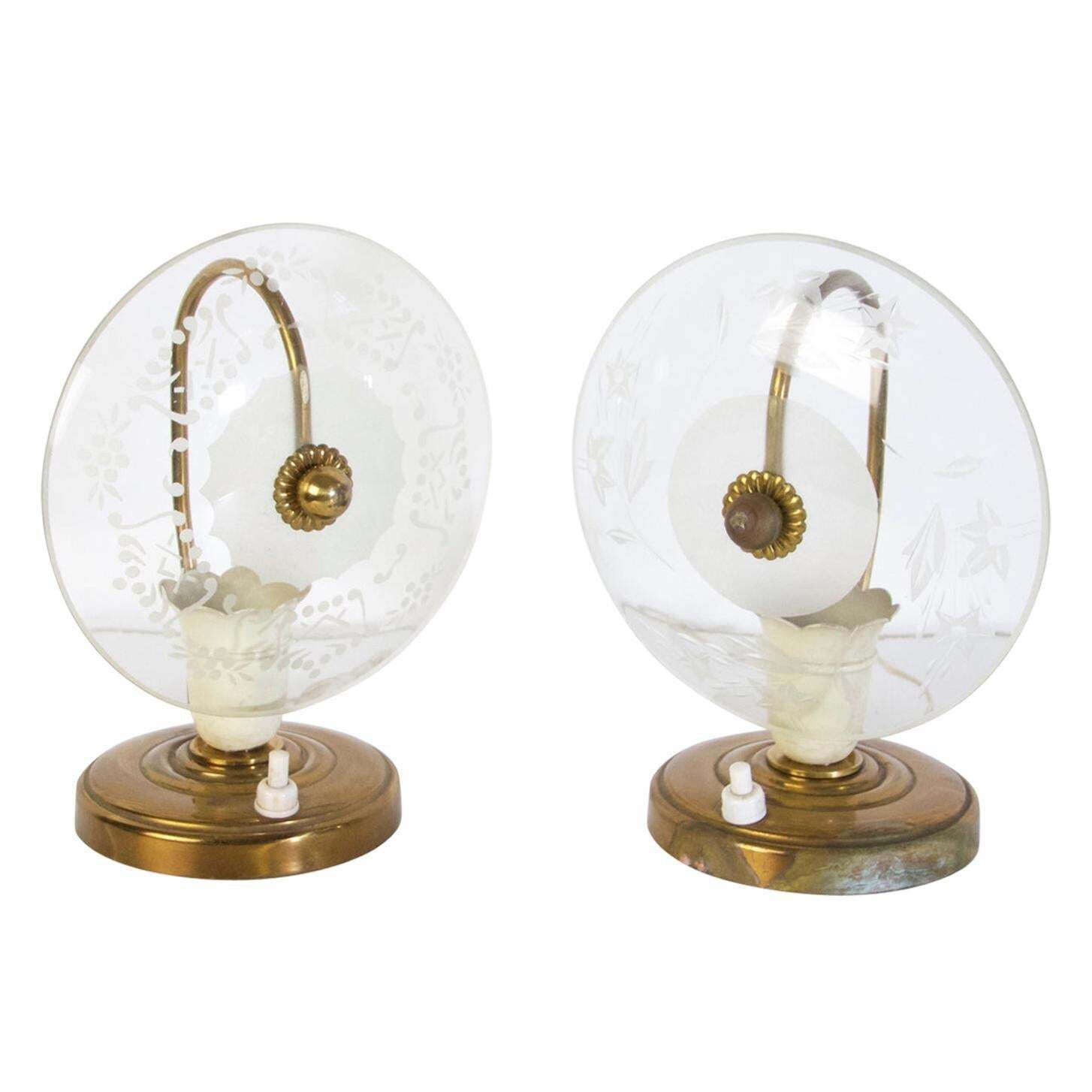 Mid Century Modern Murano Glass Bedside Lamps, Brass, Italy, 1940s