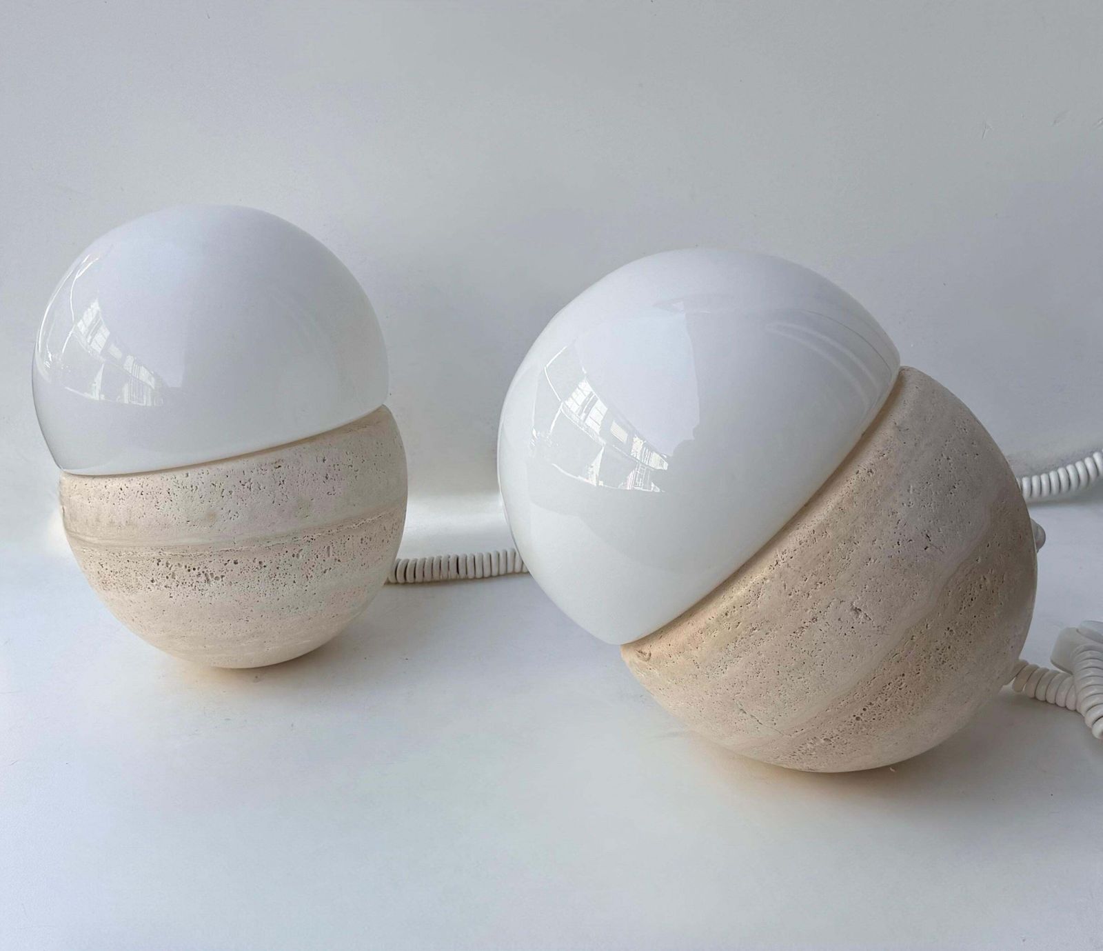 Pair Of Travertine And Opaline Glass Culbuto Lamps Italy, 1980s photo vinterior