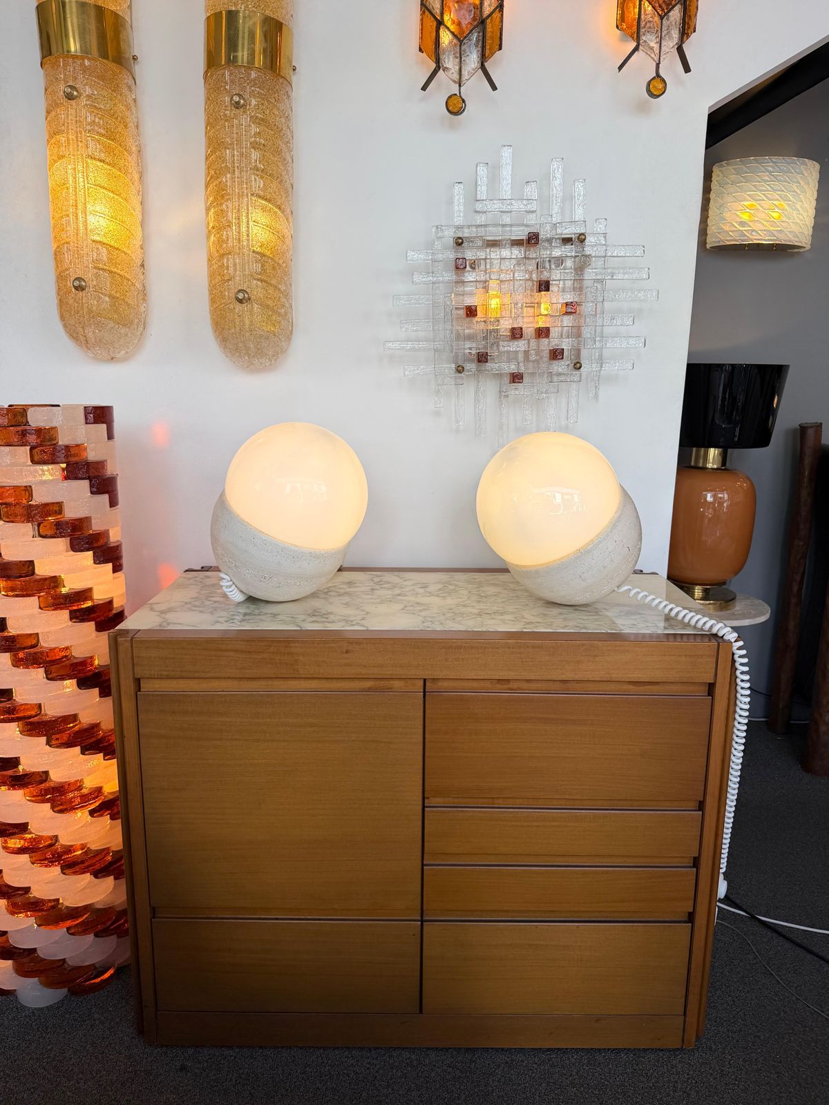 photo for sale Pair Of Travertine And Opaline Glass Culbuto Lamps Italy, 1980s