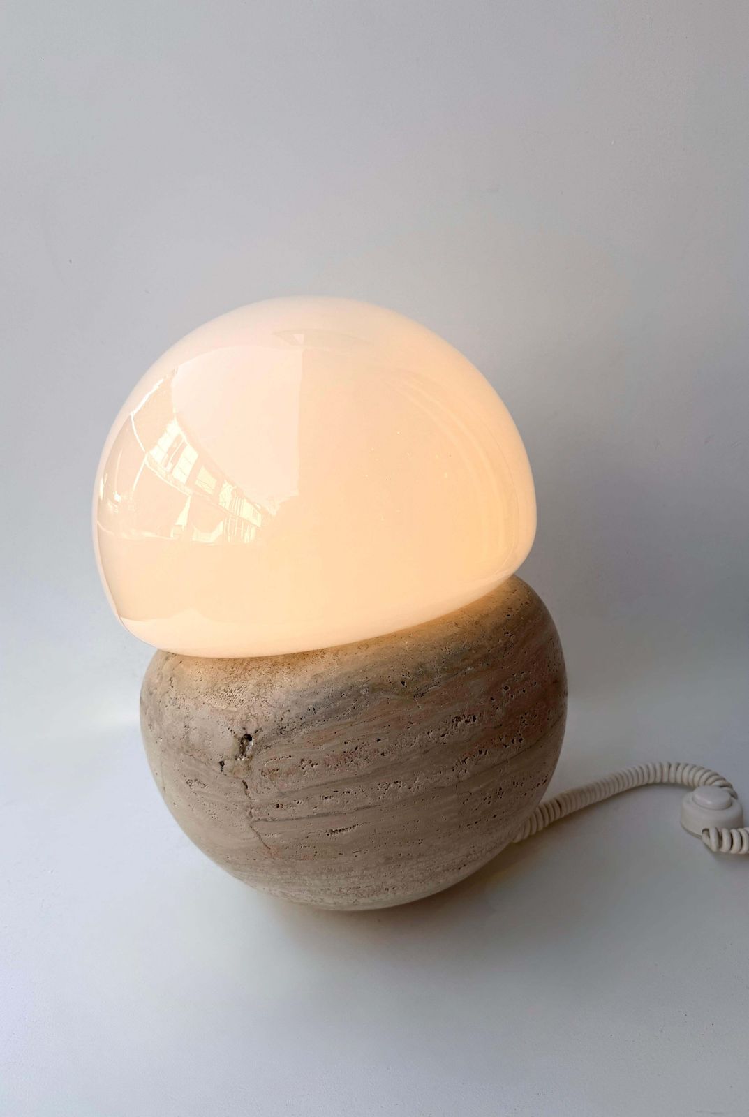 Pair Of Travertine And Opaline Glass Culbuto Lamps Italy, 1980s photo furniture