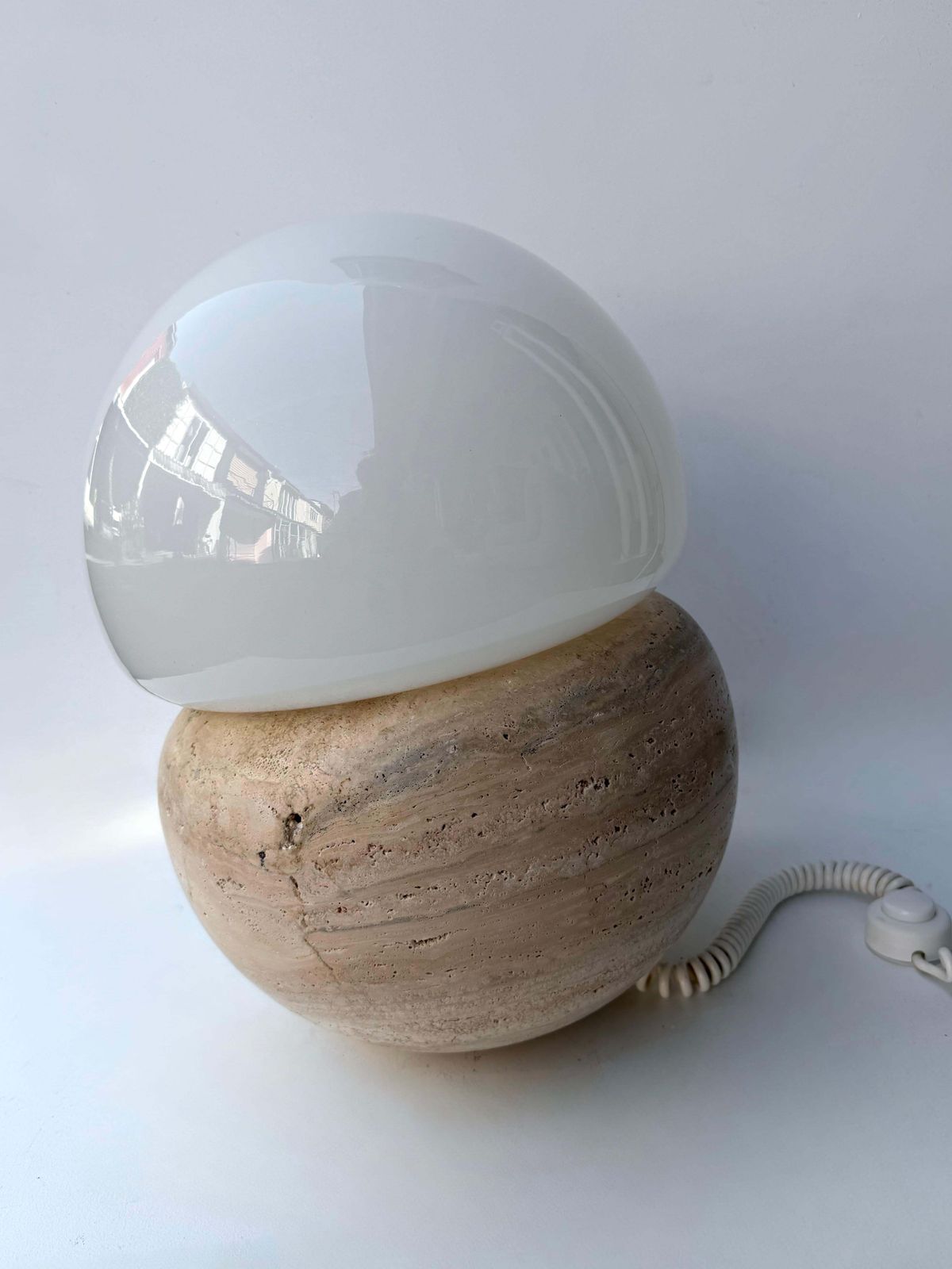 Pair Of Travertine And Opaline Glass Culbuto Lamps Italy, 1980s photo Lighting