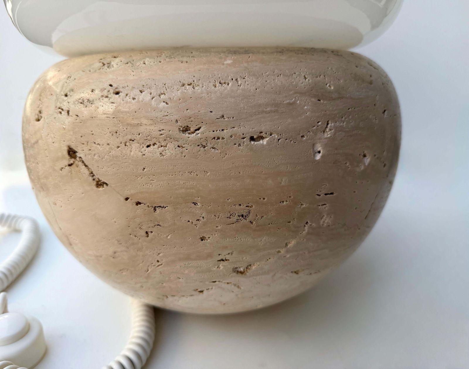 Pair Of Travertine And Opaline Glass Culbuto Lamps Italy, 1980s photo buy