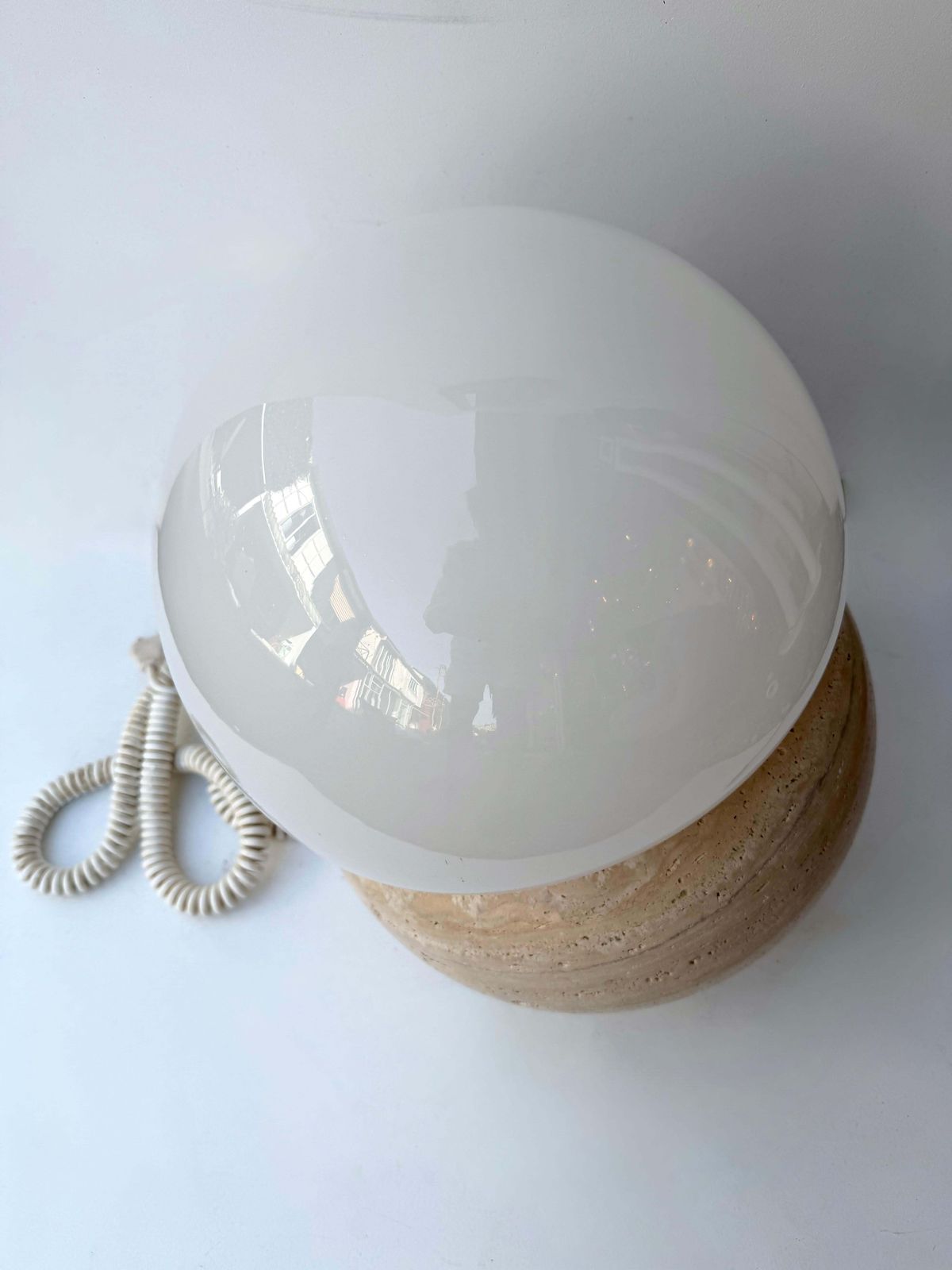 Lighting Pair Of Travertine And Opaline Glass Culbuto Lamps Italy, 1980s photo