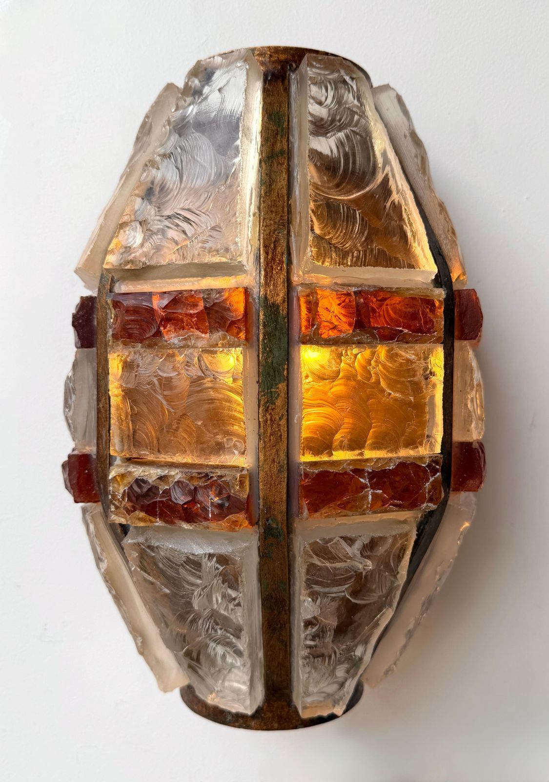 Pair Of Hammered Glass Wrought Iron Sconces By Longobard, Italy, 1970s photo furniture
