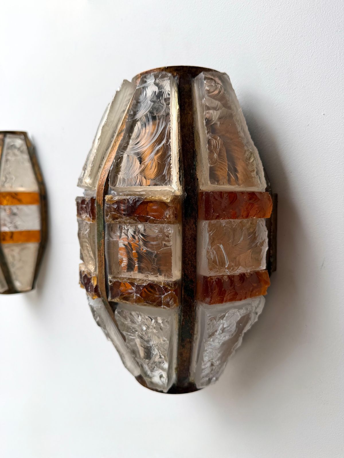 Pair Of Hammered Glass Wrought Iron Sconces By Longobard, Italy, 1970s photo buy
