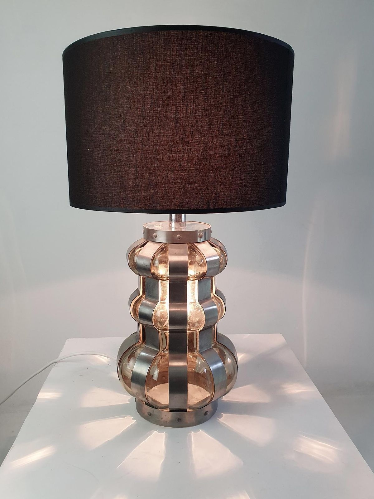 Brutalist Style Table Lamp, Smoke Glass And Metal, Italian, 1960s photo furniture