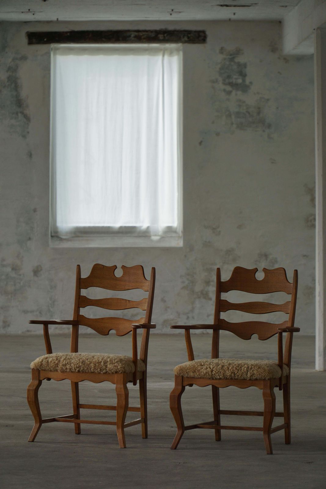 Pair Of Razorblade Armchairs By Henning Kjærnulf, Oak & Lambswool, 1960 photo buy