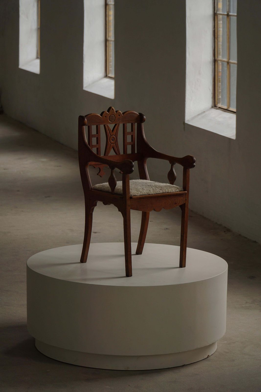 Danish Folk Art Armchair In Oak & Lambswool Seat, Early 20th Century, 1930s photo 1198.0