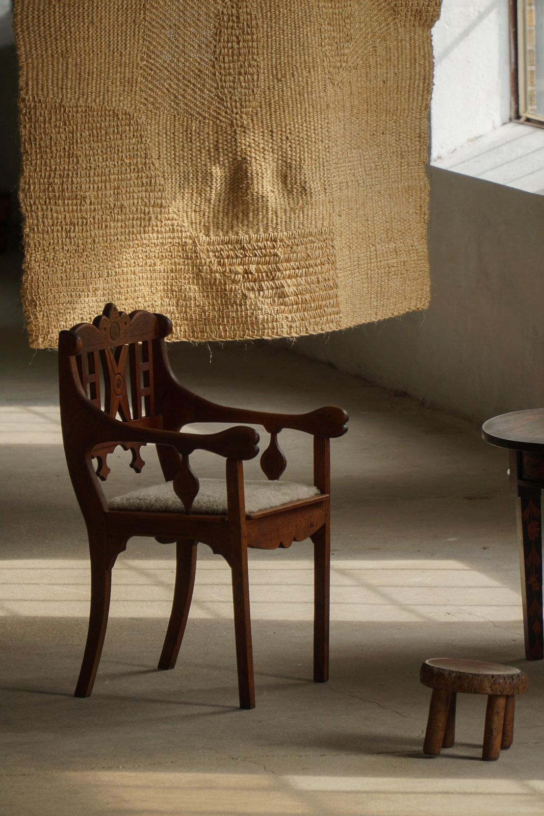 Danish Folk Art Armchair In Oak & Lambswool Seat, Early 20th Century, 1930s photo buy