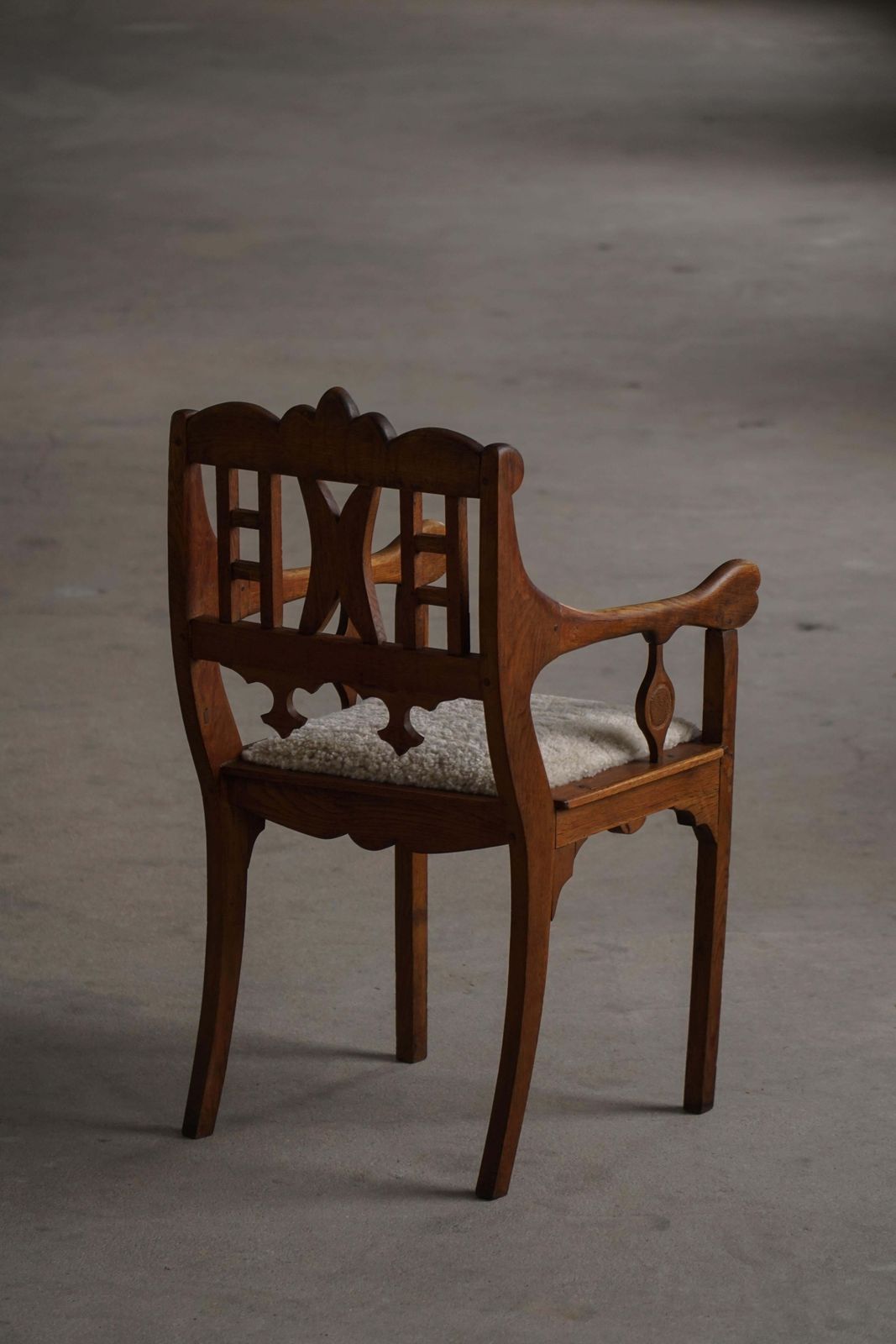 Danish Folk Art Armchair In Oak & Lambswool Seat, Early 20th Century, 1930s photo vintage