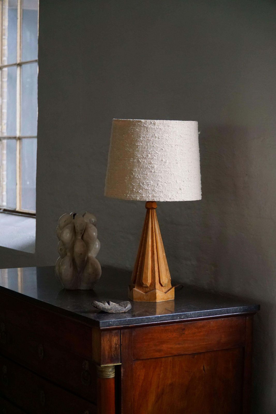 Scandinavian Modern, Sculptural Hand Carved Wooden Table Lamp, Denmark, 1970s photo furniture