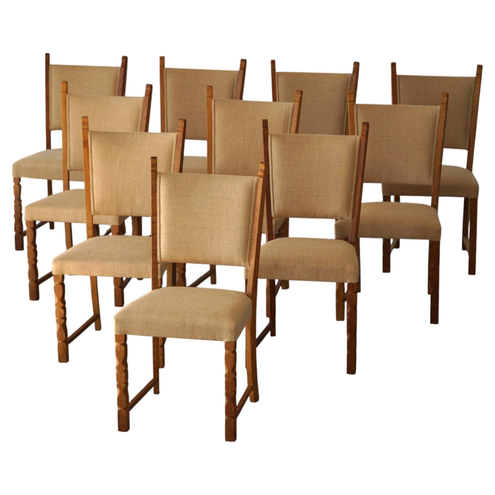 Set Of 10 Dining Chairs, Oak & Hessian, Henning Kjærnulf, Danish Modern, 1950s