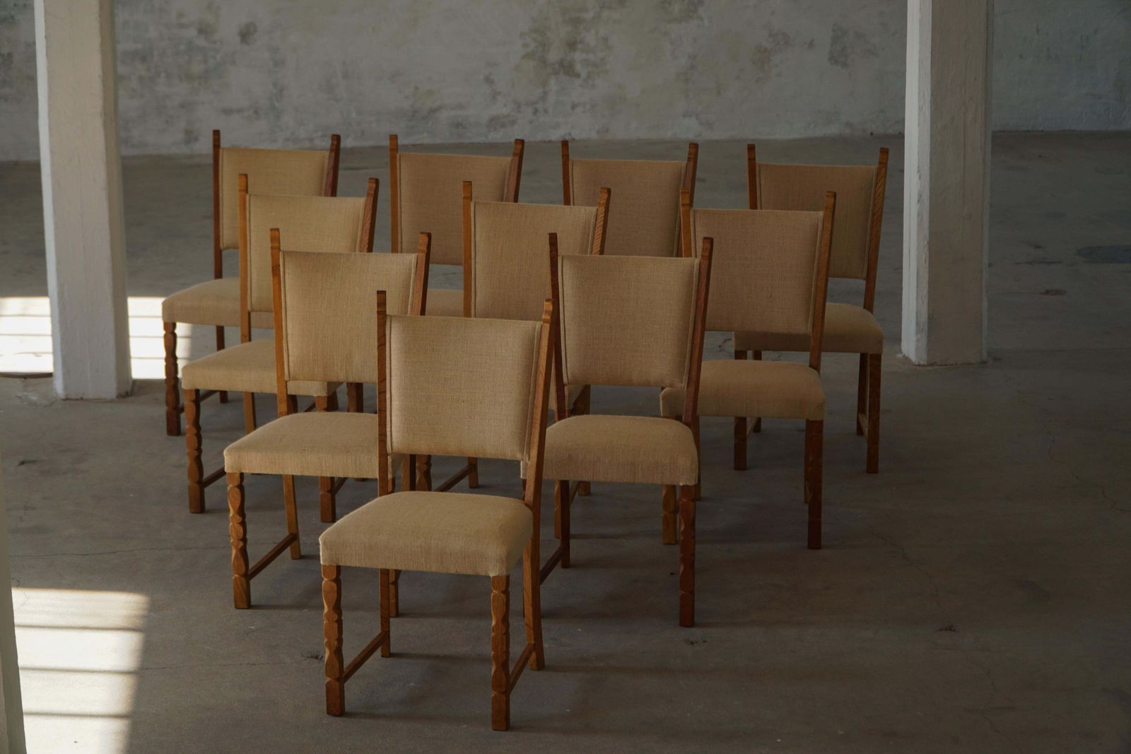 Set Of 10 Dining Chairs, Oak & Hessian, Henning Kjærnulf, Danish Modern, 1950s photo furniture