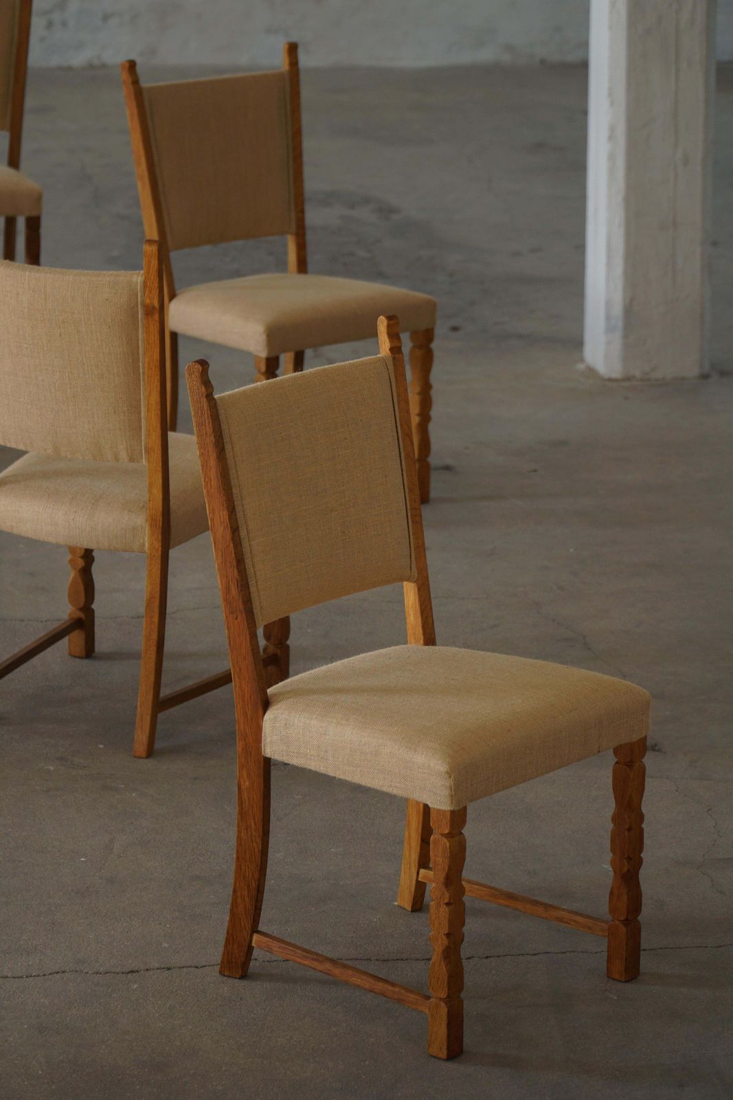 Set Of 10 Dining Chairs, Oak & Hessian, Henning Kjærnulf, Danish Modern, 1950s photo 5519.0
