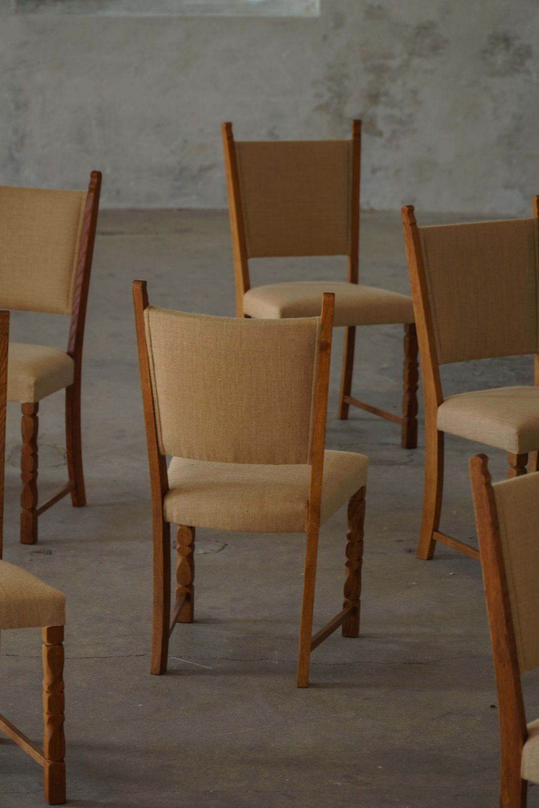 Set Of 10 Dining Chairs, Oak & Hessian, Henning Kjærnulf, Danish Modern, 1950s photo buy