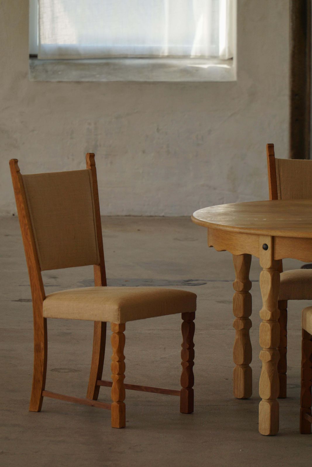 photo for sale Set Of 10 Dining Chairs, Oak & Hessian, Henning Kjærnulf, Danish Modern, 1950s